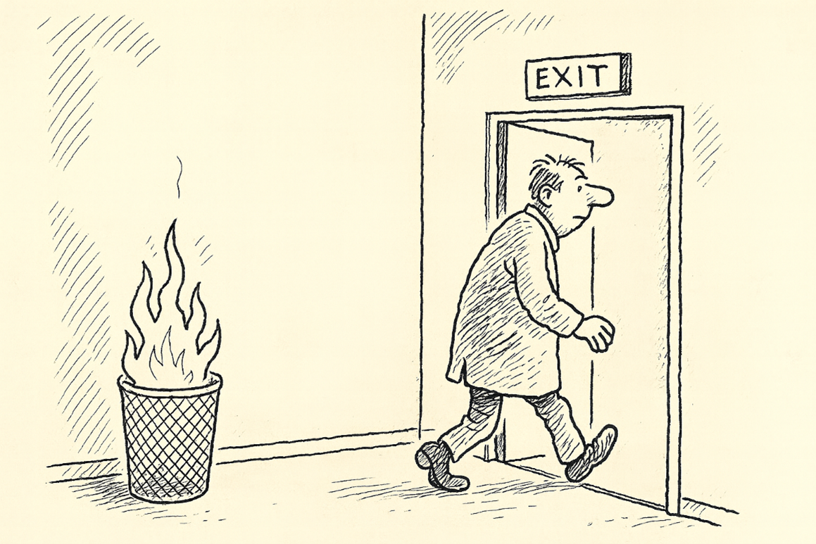 Tecknad bild på en utrymninsgdörr.