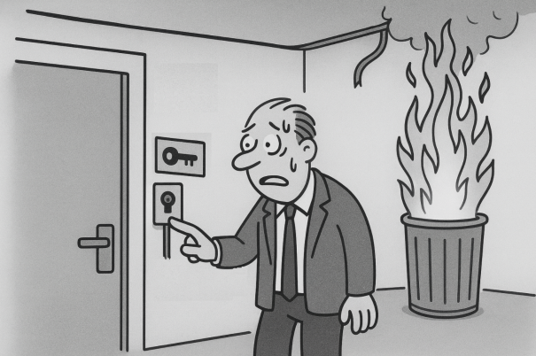 Tecknad bild som illustrerar strömbortfall vid brand.