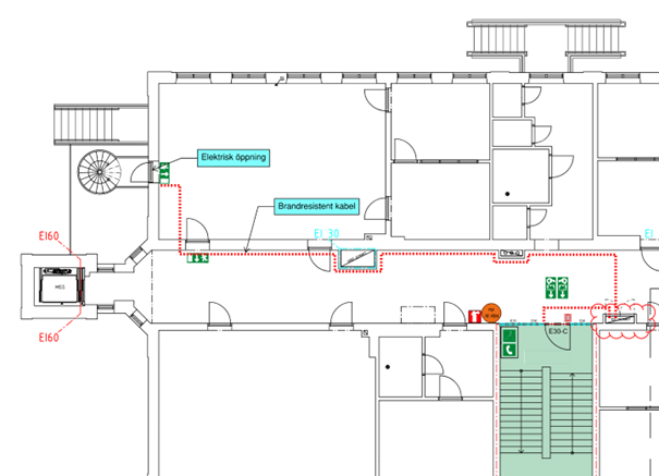 Tecknad bild som illustrerar strömbortfall vid brand.